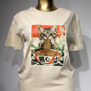 Kedi Baskılı Uzun T-Shirt – Beyaz