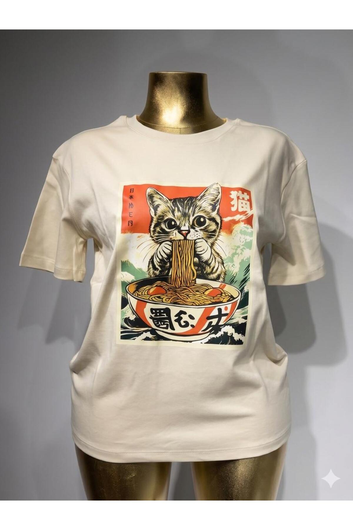 Kedi Baskılı Uzun T-Shirt - Beyaz