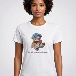 Ayıcık Baskılı Uzun T-Shirt – Beyaz