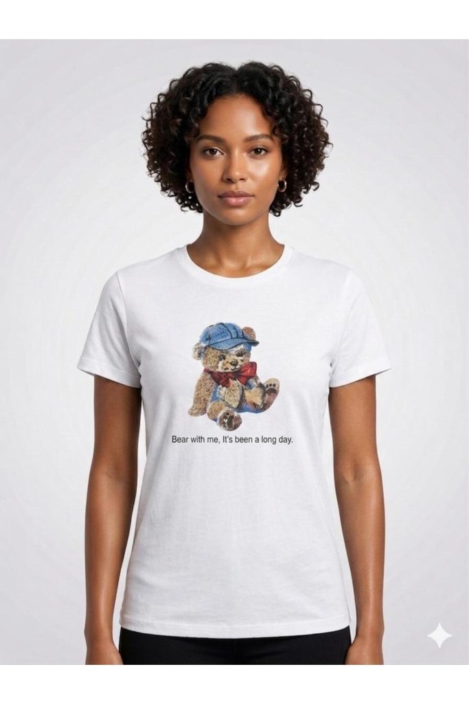 Ayıcık Baskılı Uzun T-Shirt - Beyaz