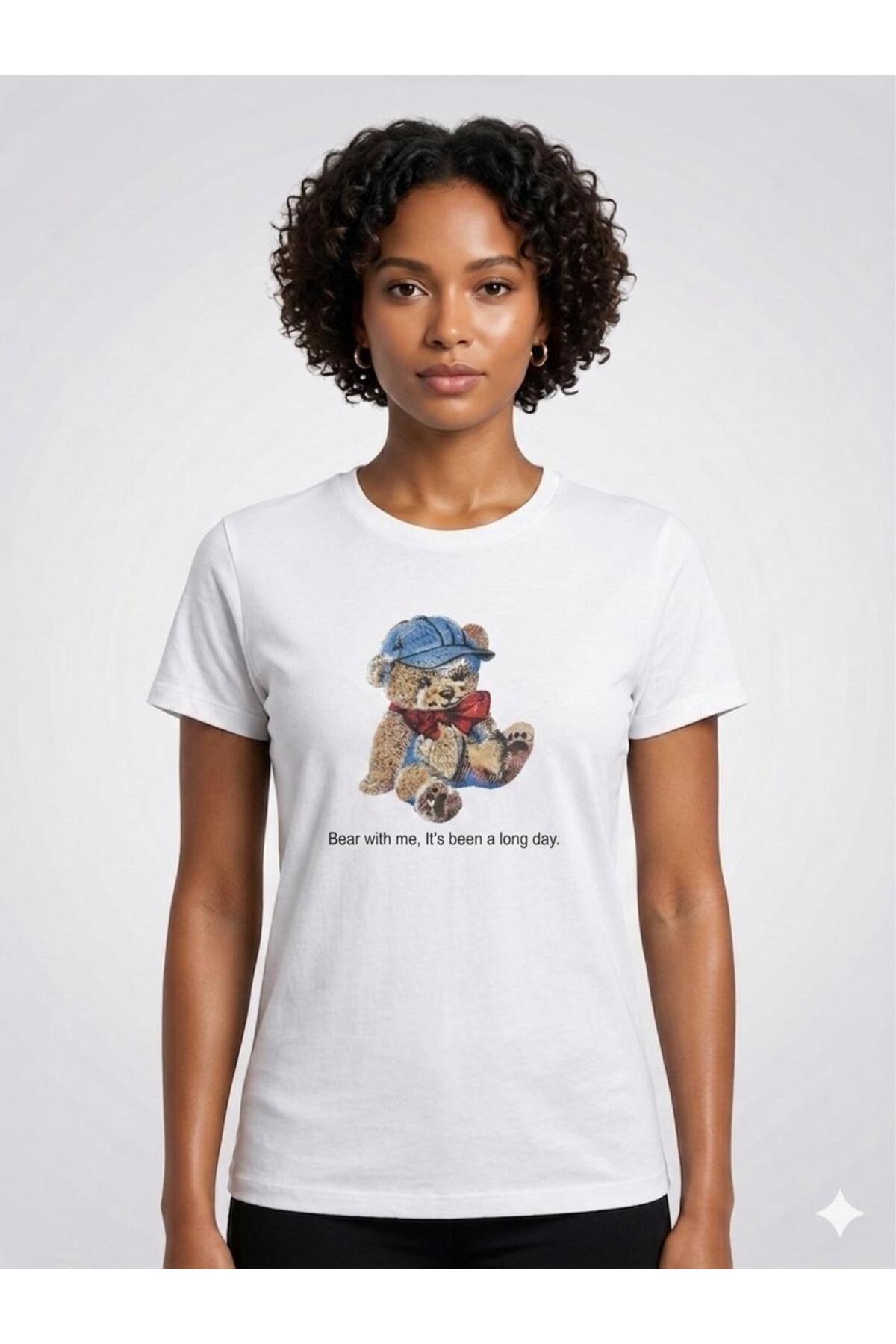 Ayıcık Baskılı Uzun T-Shirt - Beyaz