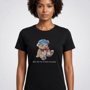 Ayıcık Baskılı Uzun T-Shirt – Siyah