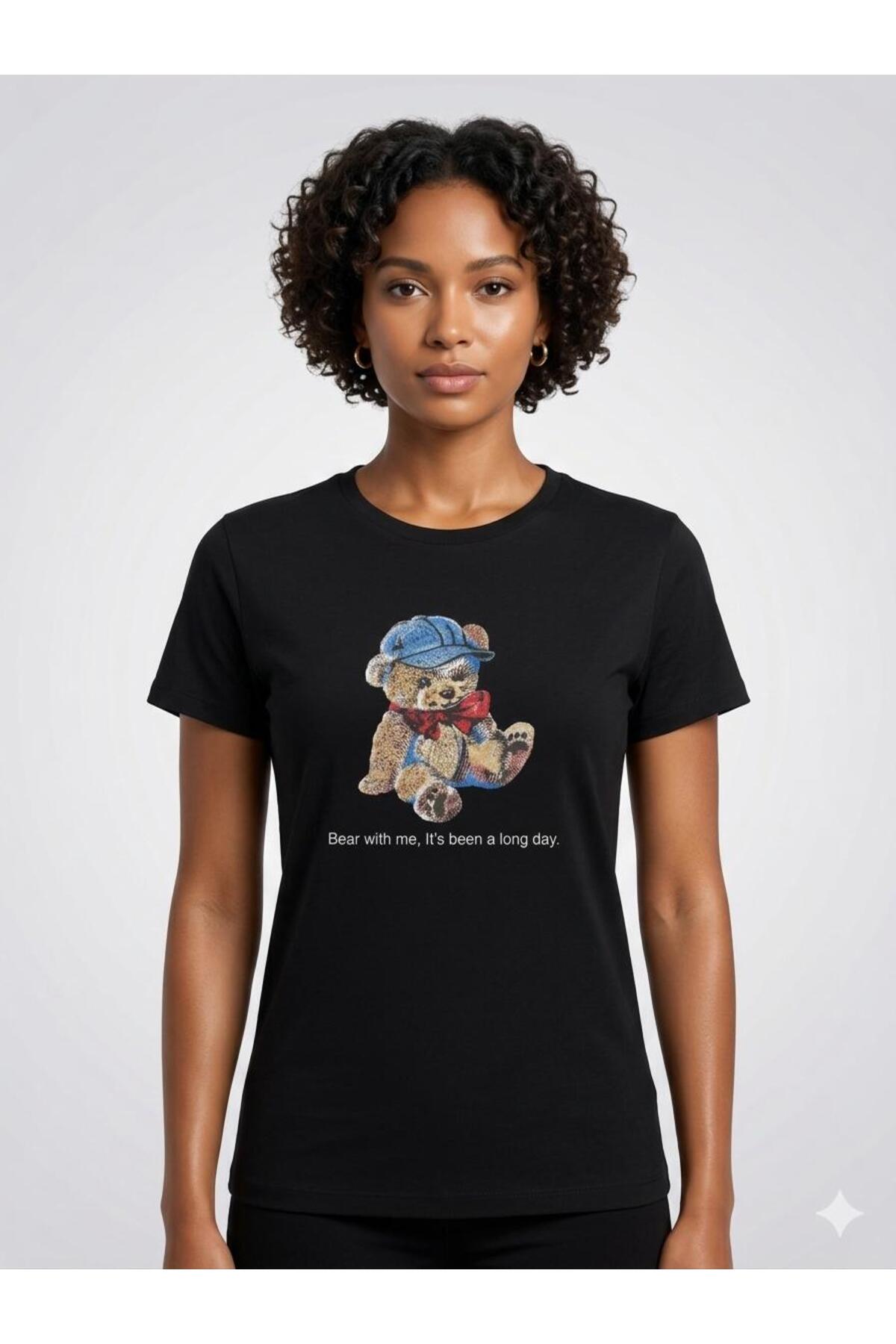 Ayıcık Baskılı Uzun T-Shirt - Siyah