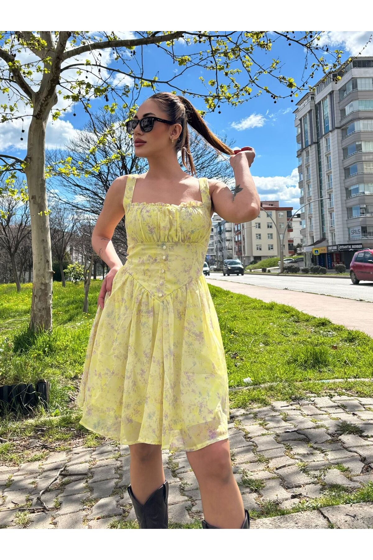 Askılı Mini Şifon Elbise - Sarı