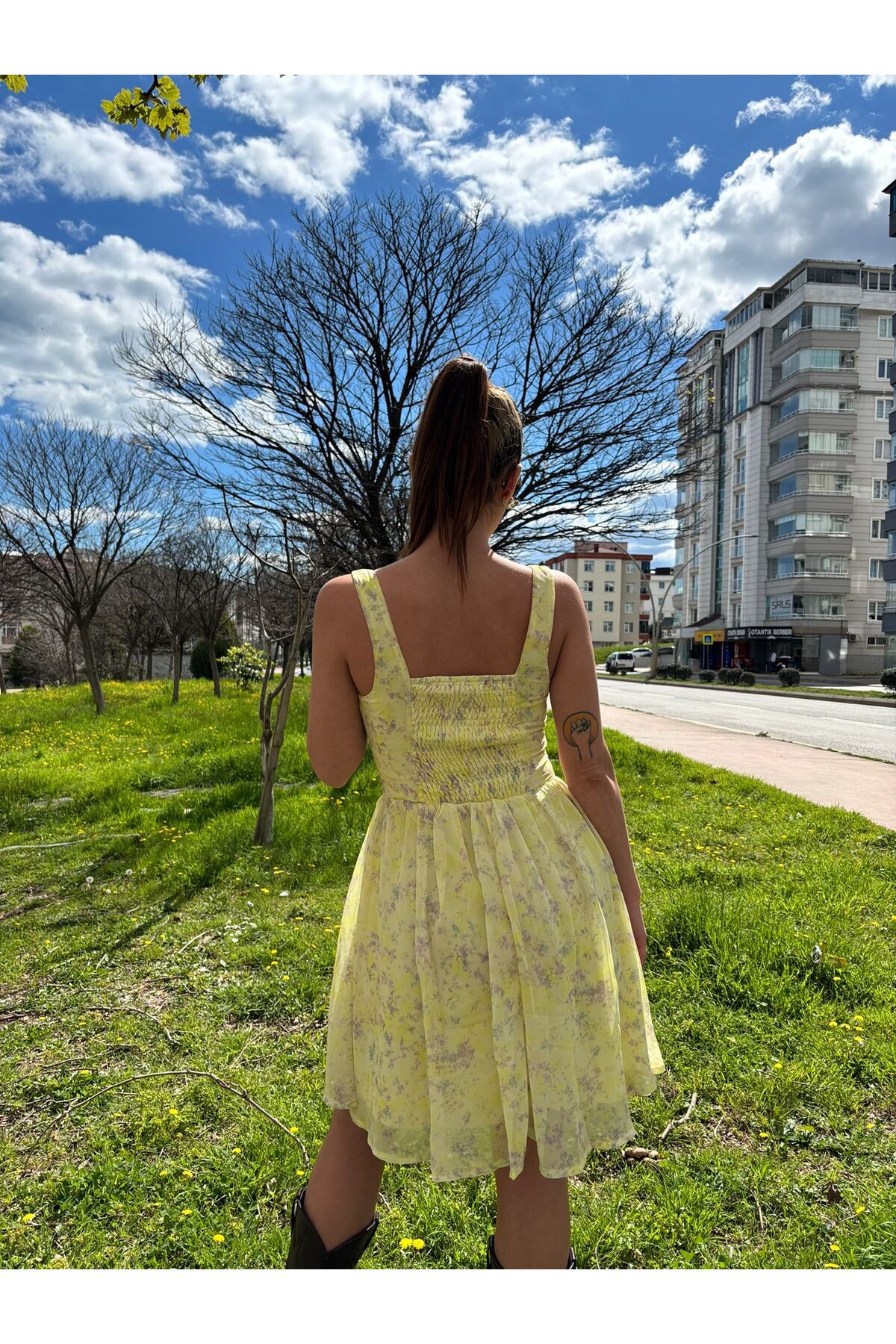 Askılı Mini Şifon Elbise - Sarı