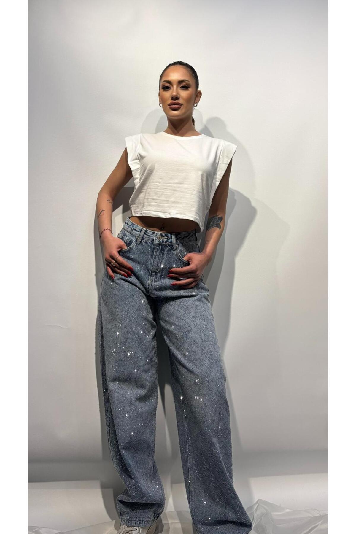 Taşlı Kot Pantolon 5137 - Mavi