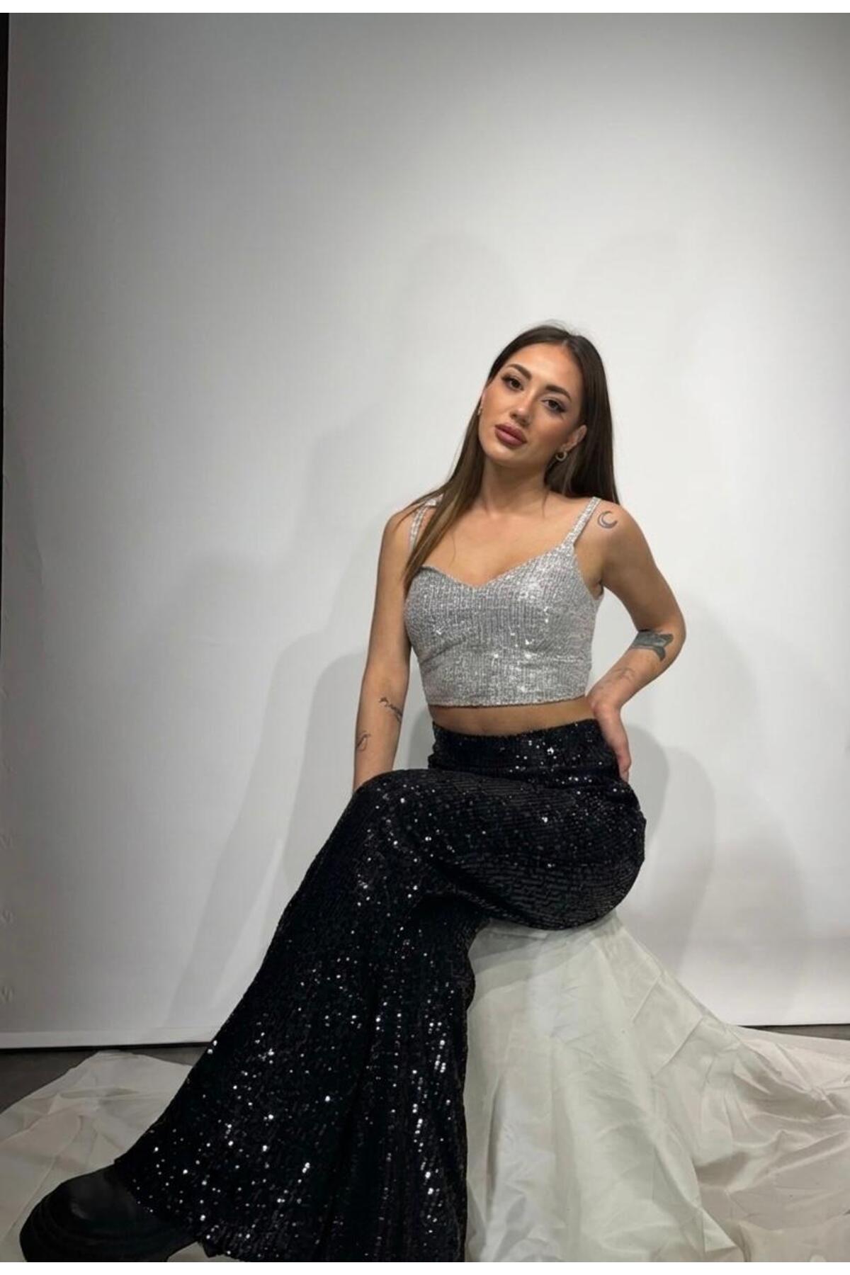 Payetli Pantolon - Siyah