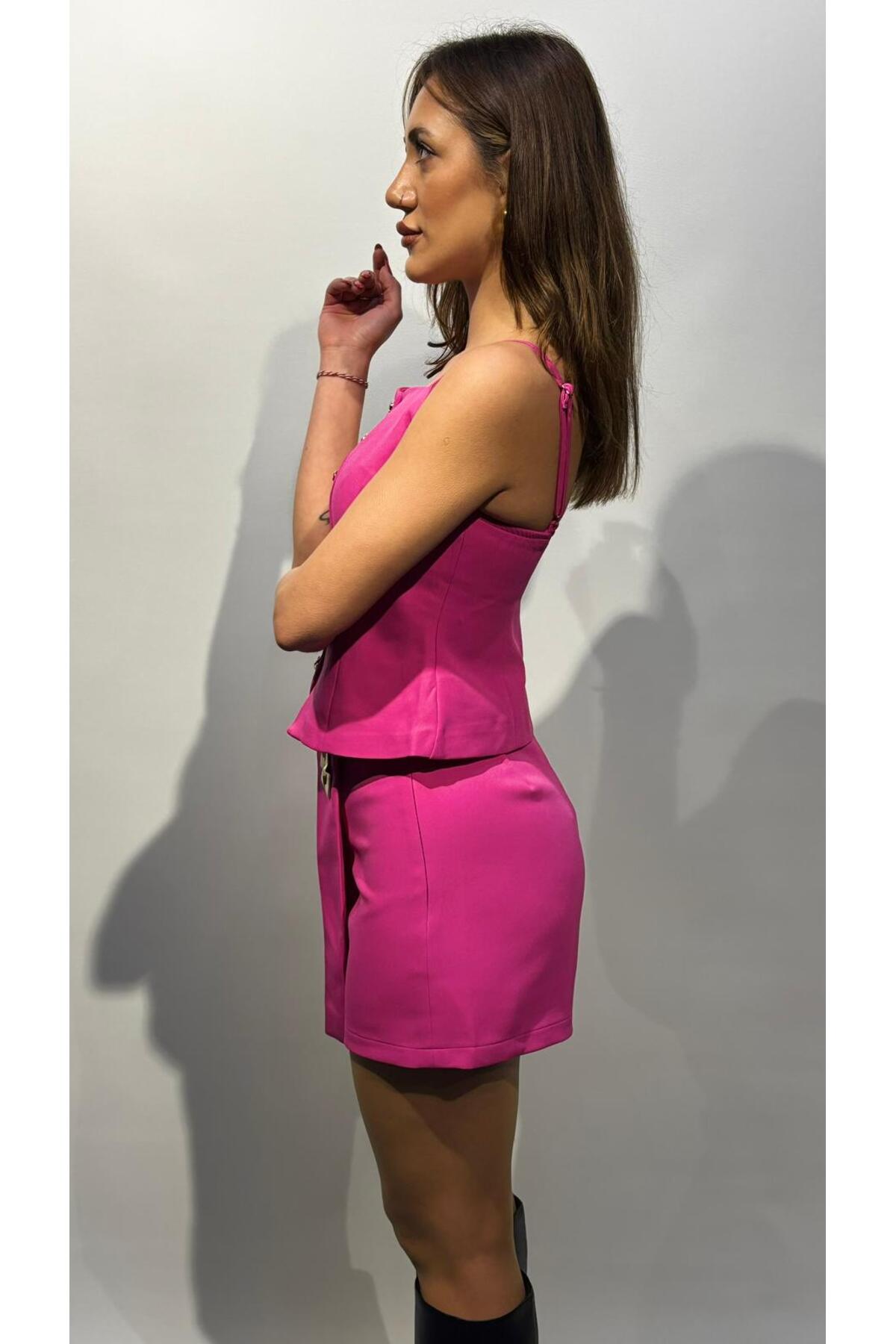 Toka Detay Şort Etek - Pembe