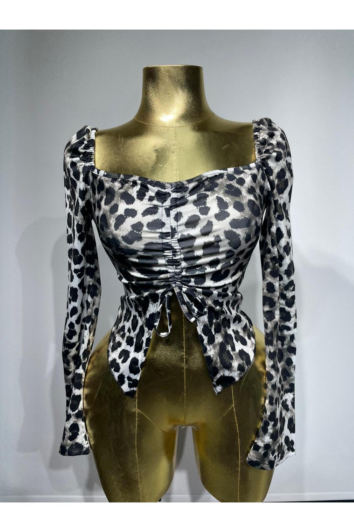 Leopar Desen İpli Bluz - Siyah