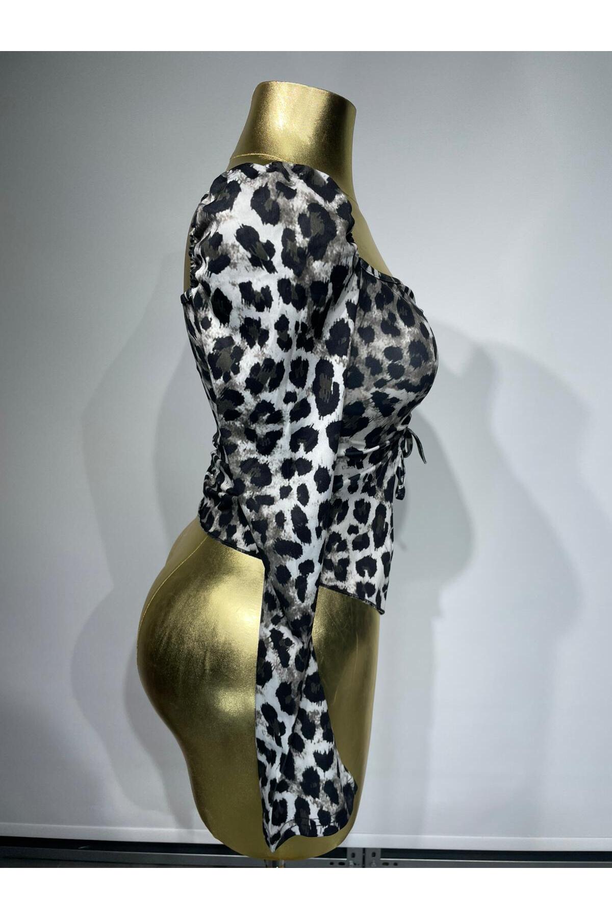 Leopar Desen İpli Bluz - Siyah