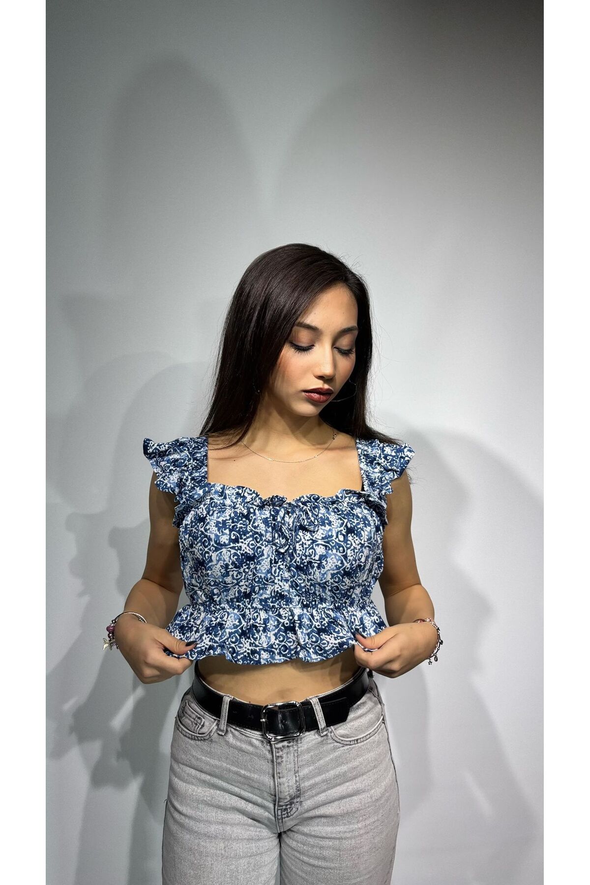 Fırfırlı Crop Bluz - Mavi