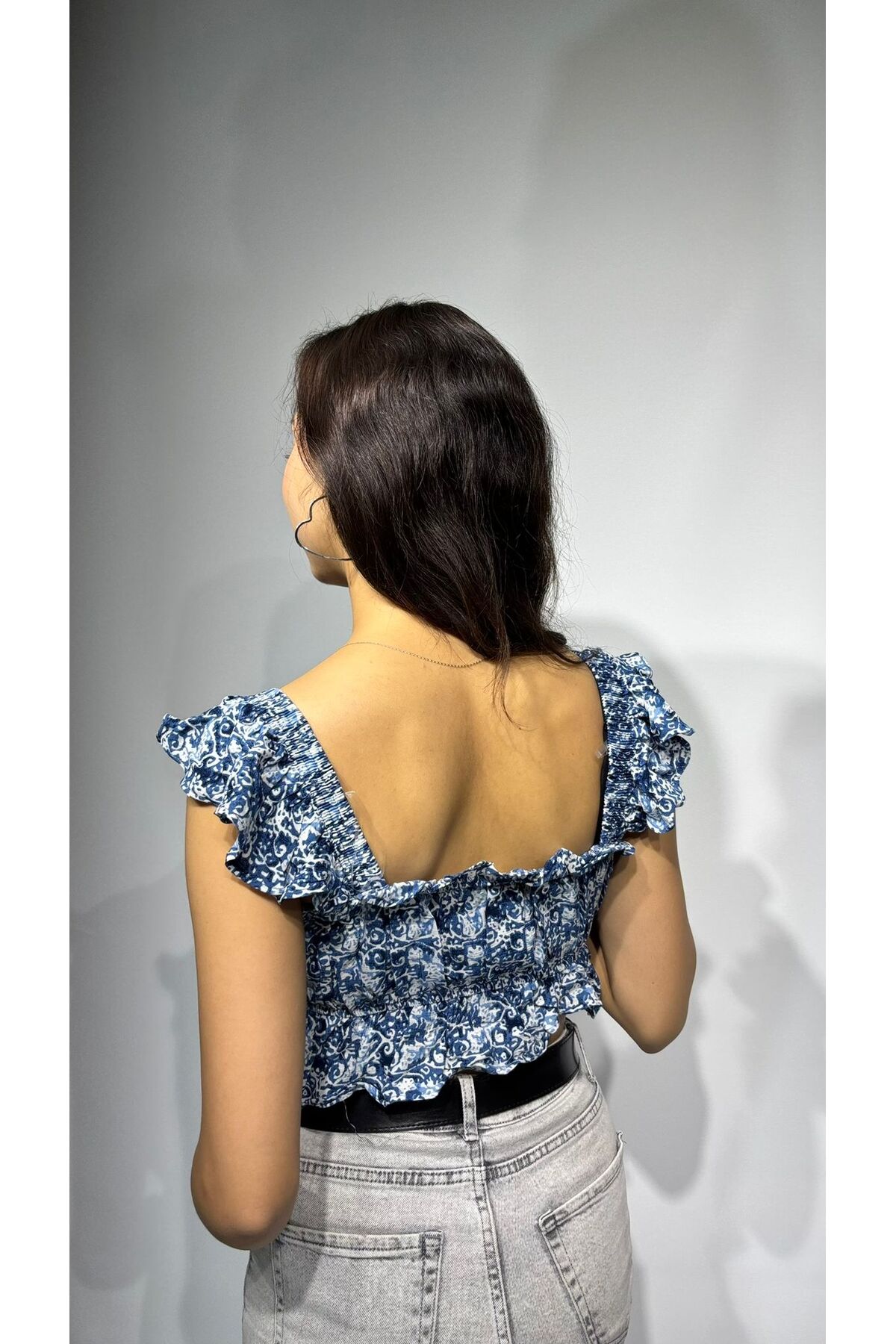 Fırfırlı Crop Bluz - Mavi