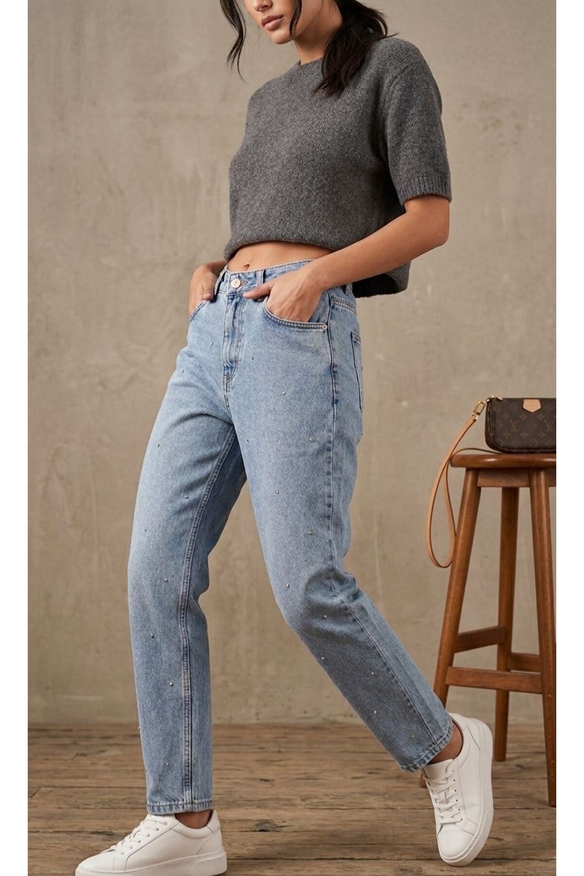 Taşlı Boyfriend Kot Pantolon - Mavi