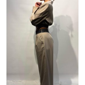 Beli Lastikli Çizgili Pantolon – Ekru