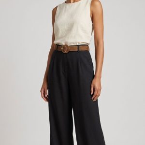 Kemerli Keten Pantolon-Siyah